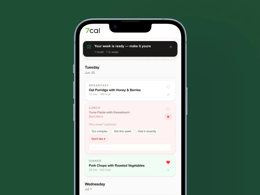 7cal review mode on mobile: a lunch marked "don't like it" being swapped while a dinner is loved, with a Regenerate button