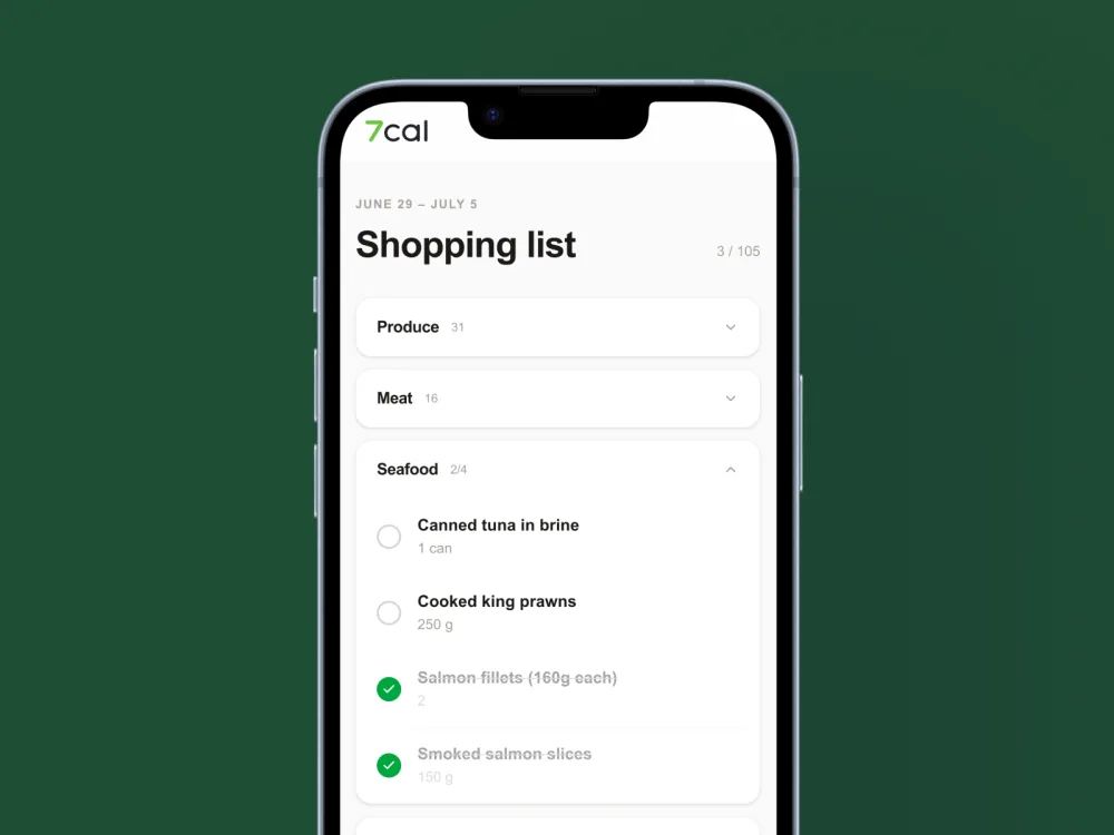 7cal shopping list on mobile grouped by category (Produce, Meat, Seafood) with items checked off