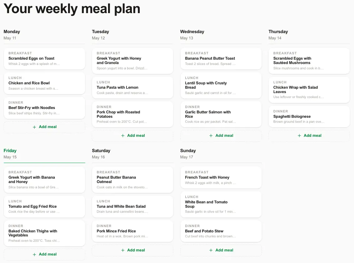 7cal weekly meal planner showing a full Mon–Sun grid with meals