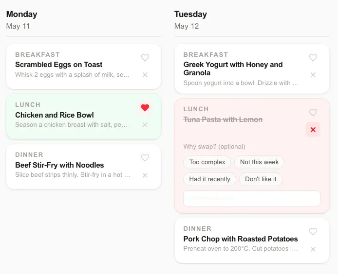 7cal review mode with love and swap buttons on meal cards