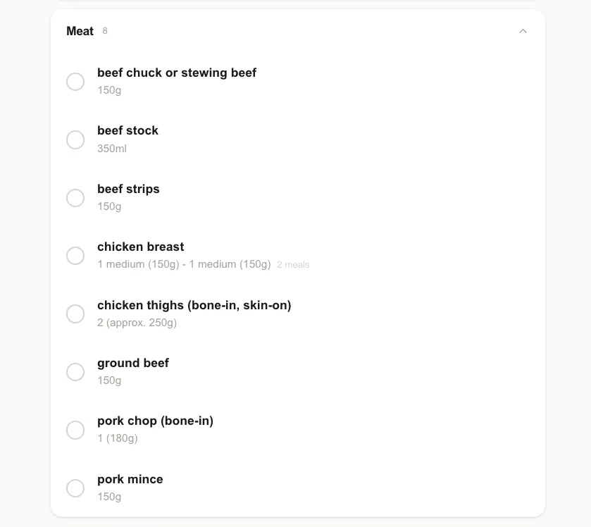7cal shopping list showing ingredients grouped by category